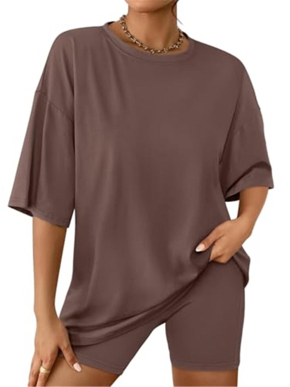 Womens 2 Piece Set Oversized Tshirt Biker Shorts Lounge Outfit Brown Cotton